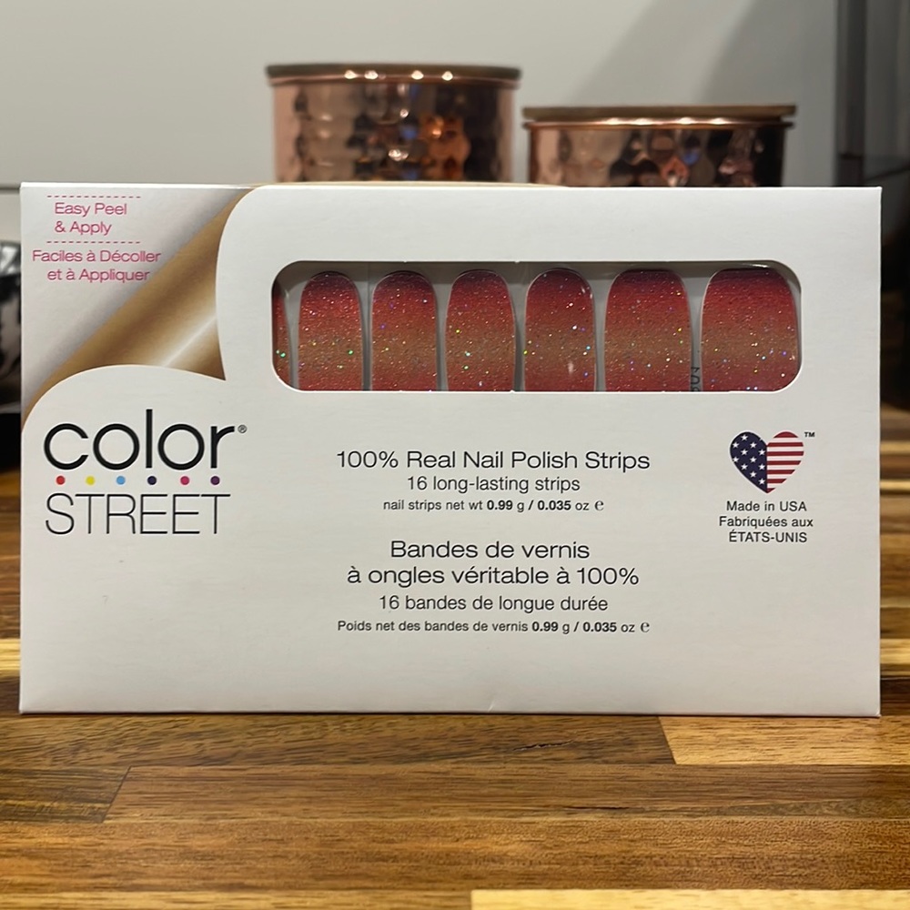 Color Street, “Solar Flare” sparkling burgundy to copper to gold glitter set